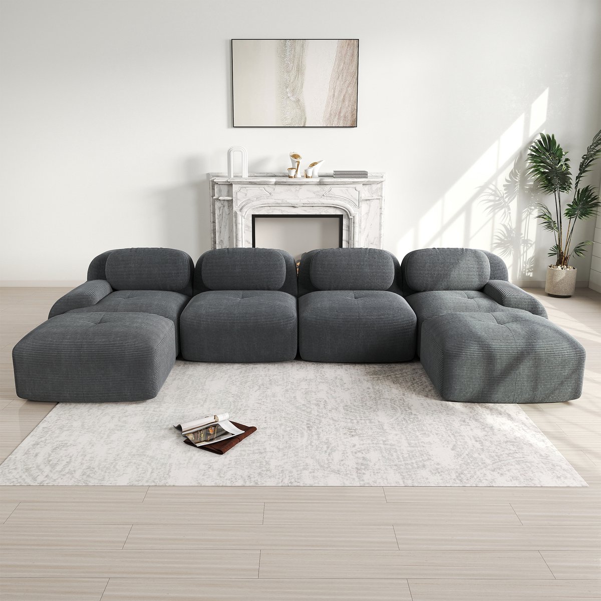 Modulaire U Bank 4-Zits - Ribstof Hoekbank Met 32D Schuim - Frameloze Lounge Bank Zonder Montage - Extra Brede Armleuning - Comfortabele Sofa Voor Woonkamer En Slaapkamer - Grijs