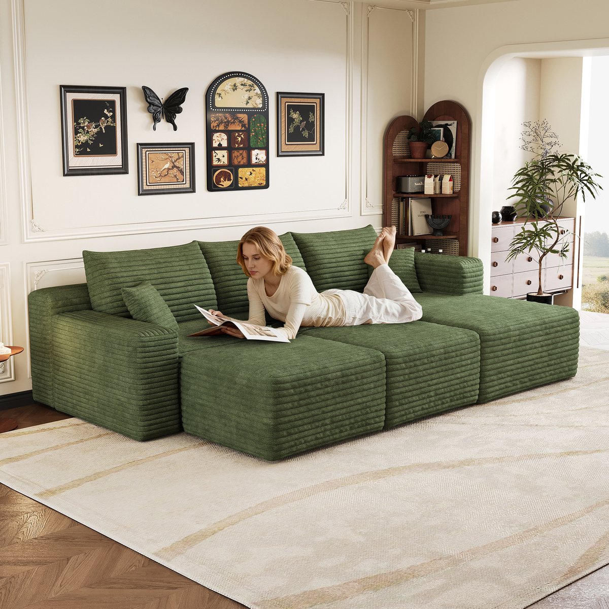 L-Vorm Hoekbank - Cloud Sofa 241 cm Met Diepe Zit - Modulaire Lounge Bank Met Ribcord Bekleding - 5-Zits Bank Zonder Montage - Comfortabele Woonkamer Sofa Groen