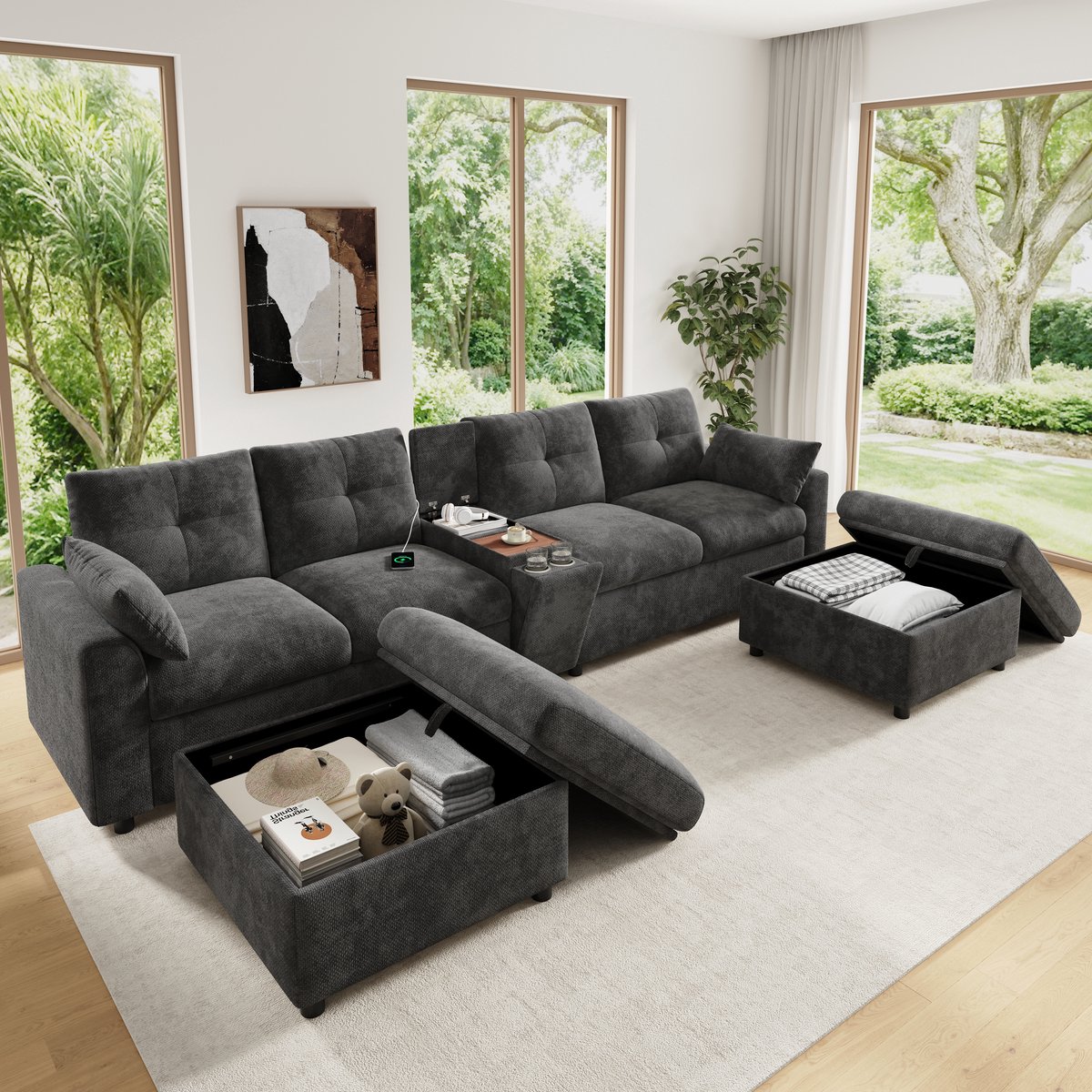 Woonlandschaft 6 Zits - Modulair Sofa Met opbergruimte Ottomanen & USB Aansluitingen - Chenille - 316x140x84.5 cm, Grijs