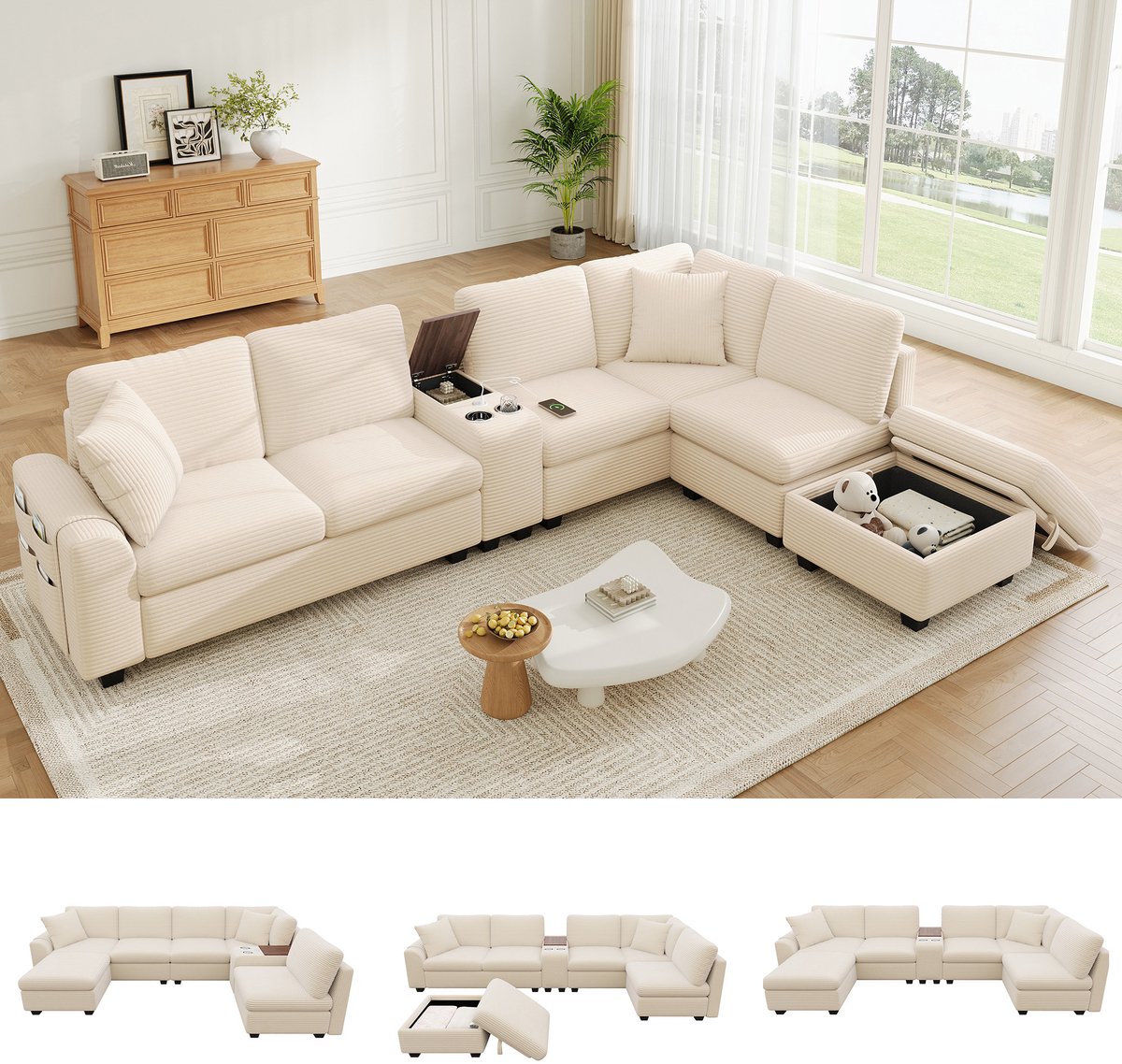 Gerieflijke Cordsofa - 6 Sitze met opbergruimte en Comfort-Polsterung - 311x139x85 cm, Beige
