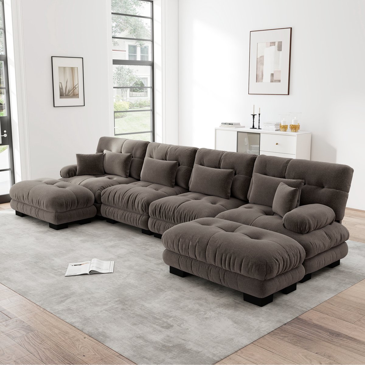 Modulaire Hoekbank - U-Vormige 4-Zits Bank Met Hocker - Chenille Wolkenbank - Diepe Zit - Bruin