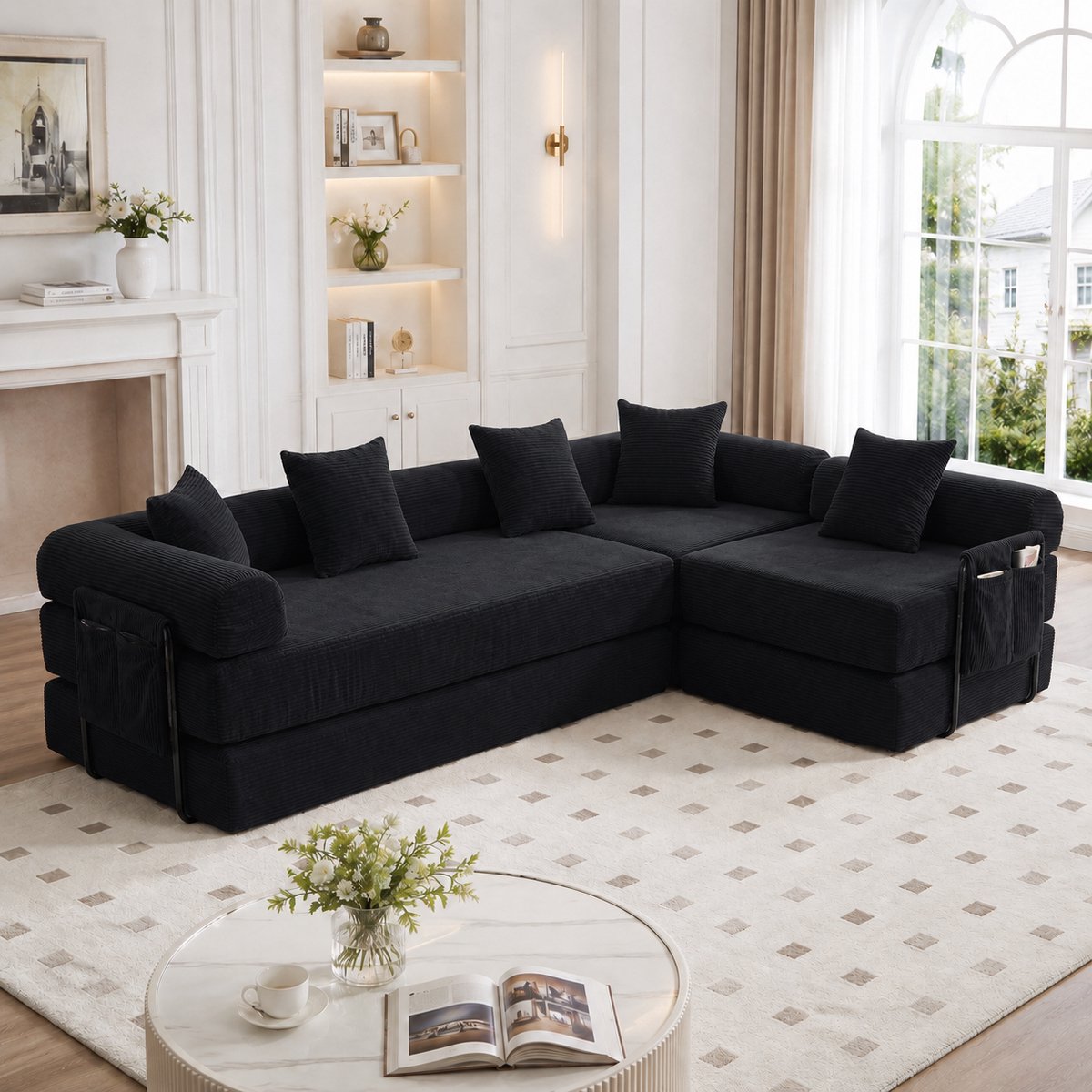 Modulaire Hoekbank - 4 Zits Ribstof Sofa Met Opbergtas - Uitschuifbare Lounge Bank Met Slaapfunctie - Flexibele Cloud Bank Zonder Montage - Woonkamer Bank Zwart