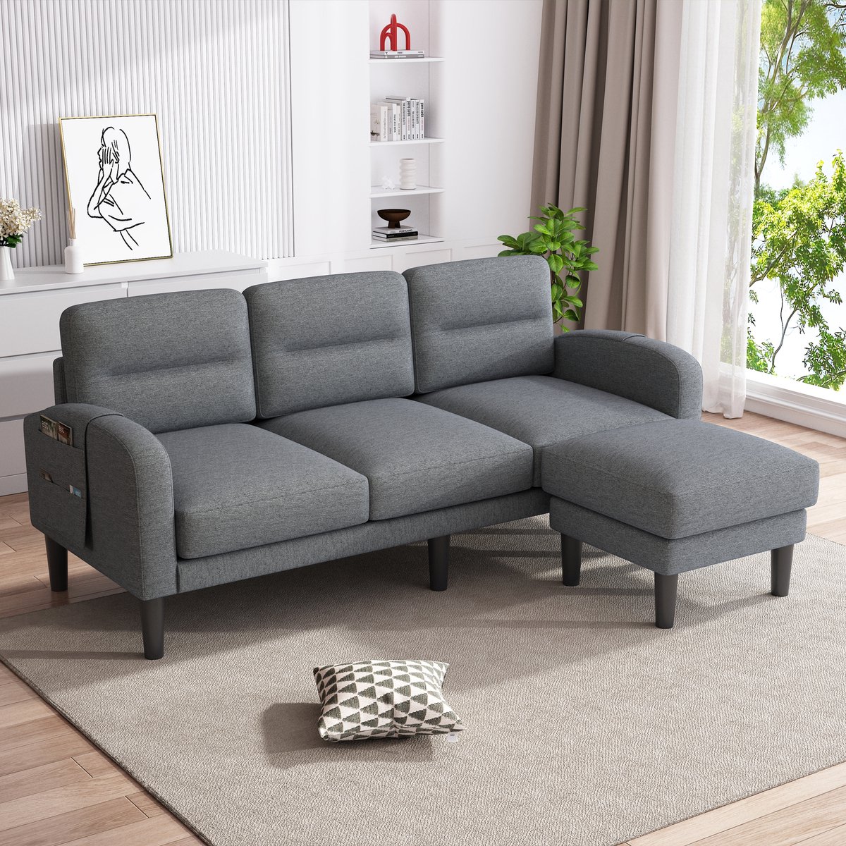 Hoekbank 3 Zits - L Vormige Bank Met Chaise Longue - Compacte Stoffen Lounge Sofa Met Opbergvakken - Modulaire Hoekbank Voor Woonkamer - Afneembare Kussens - Grijs