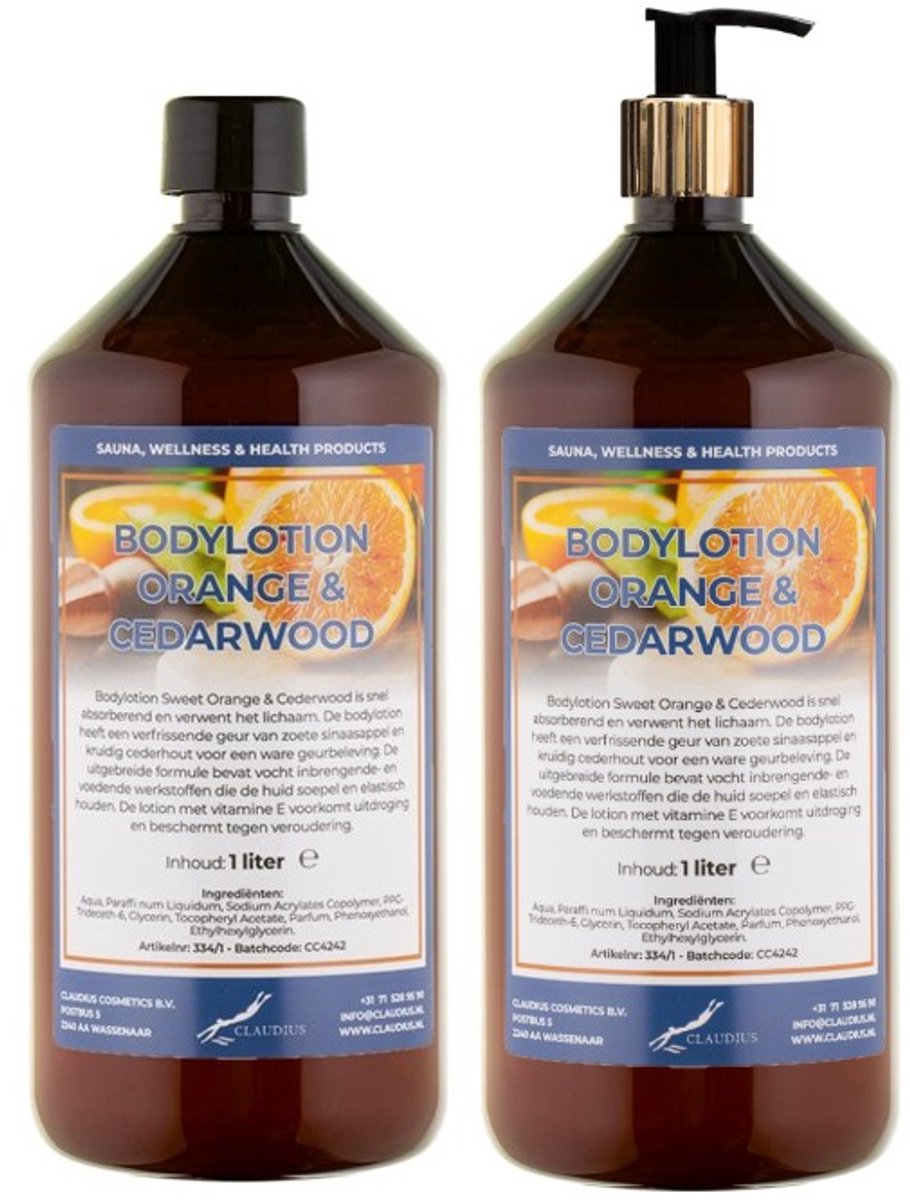 Bodylotion Sweet Orange & Cedarwood 1 Liter - met gouden pomp - set van 2 stuks