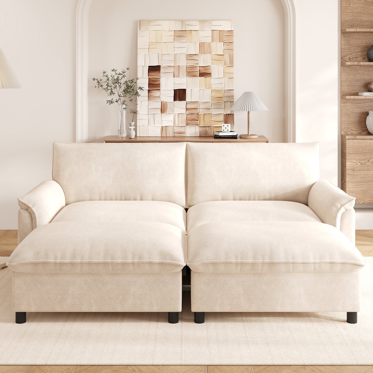 VVBV Hoekbank 216x77x82 cm - Opbergruimte, Met Planken - Beige, Chenille