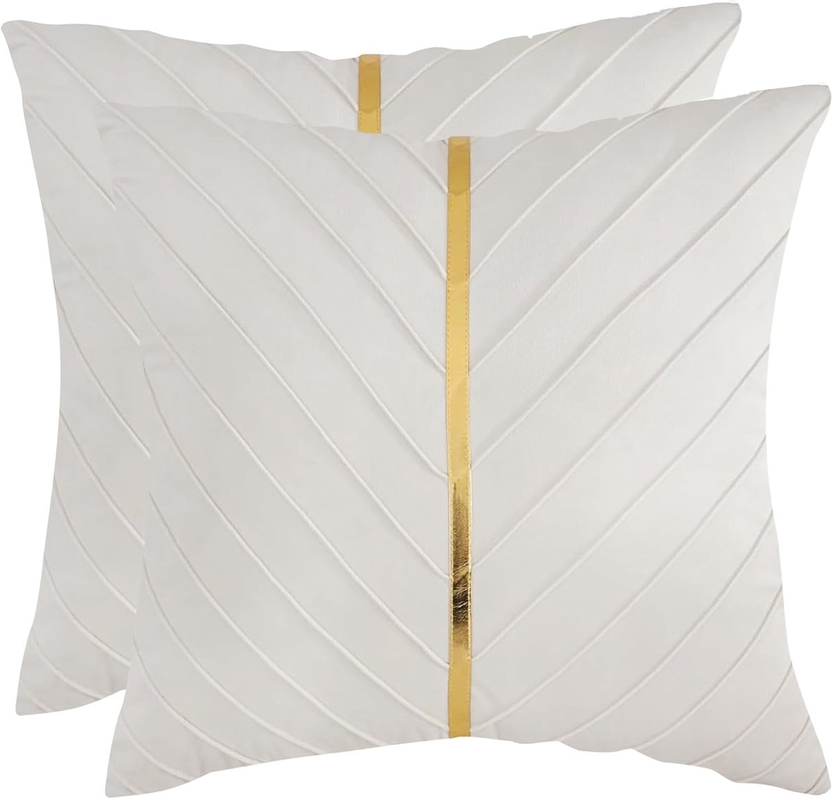 Beige fluwelen sierkussenhoezen - 40 - 6 x 40 - 6 cm - set van 2 stuks - met goudkleurig lederen decoratieve bankkussen - luxueuze - moderne kussenslopen voor woonkamer - slaapkamer - bankkussen - bed