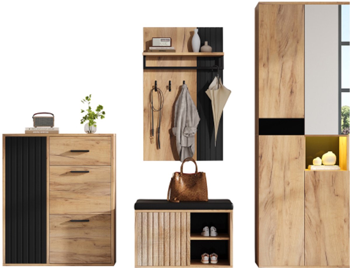 Colamy Kastenset - Hoge Opbergkast - Wandkapstok - Opbergkast met Zitbank - Natuurlijke Houtlook - Zwarte Details - Grote Opbergruimte - Moderne Meubelset voor Hal en Woonkamer