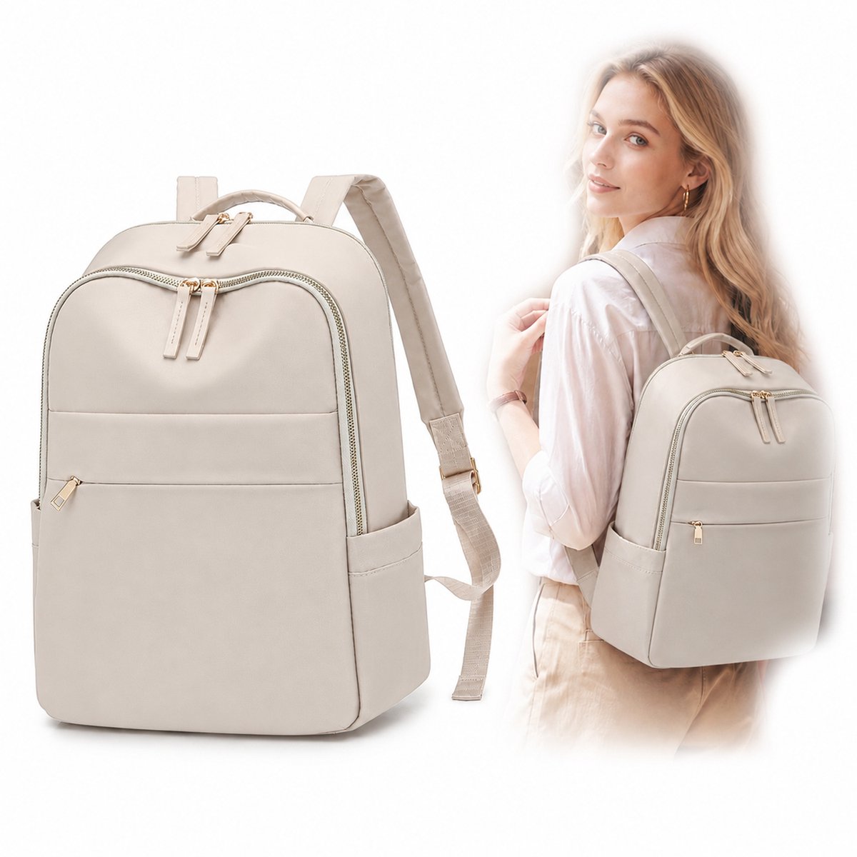 Rugzak - Multifunctionele Grote Capaciteit Laptoprugzak - Waterbestendig Nylon - Geschikt voor Woon-werkverkeer - Formaat 28x14x39 cm - Beige Kleur