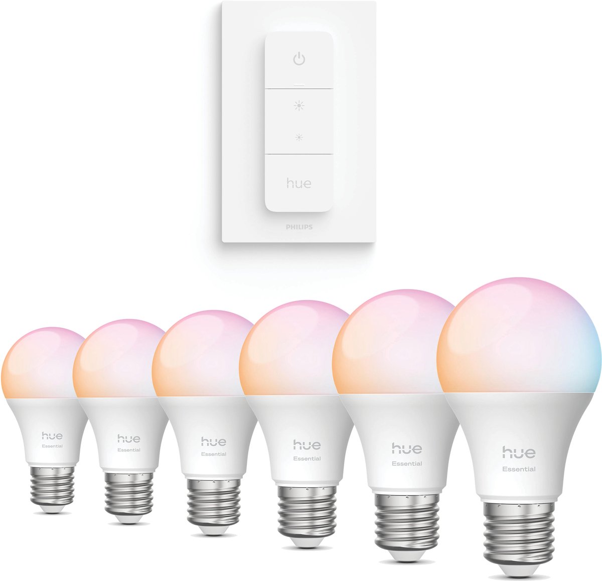 Philips Hue Voordeelverpakking - E27 - met 6 Standaard lampen - Wit en Gekleurd Licht - Incl. Hue Dimmer Switch - Hue White and Color Ambiance Essentials