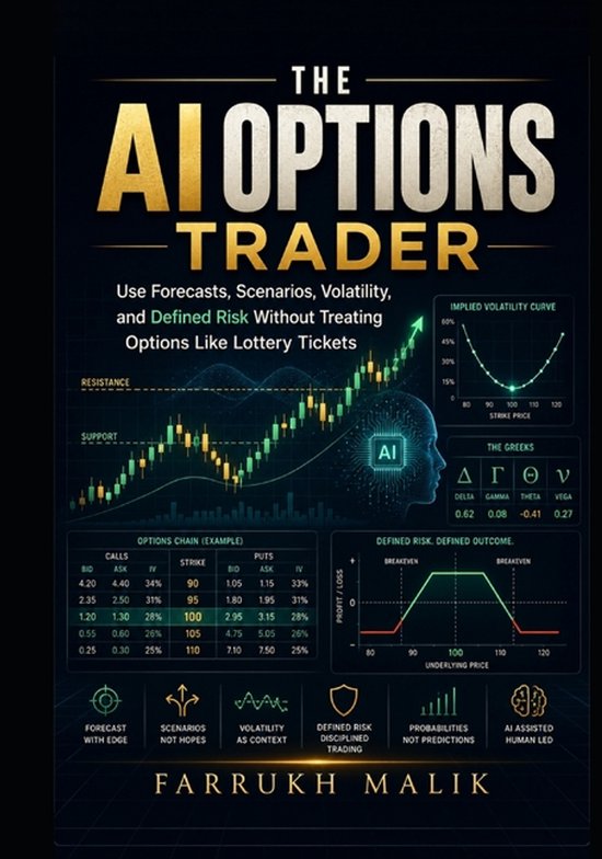 Boekomslag 'The AI Options Trader' met financiële grafieken, AI-icoon en tekst over optiehandel door Farrukh Malik.