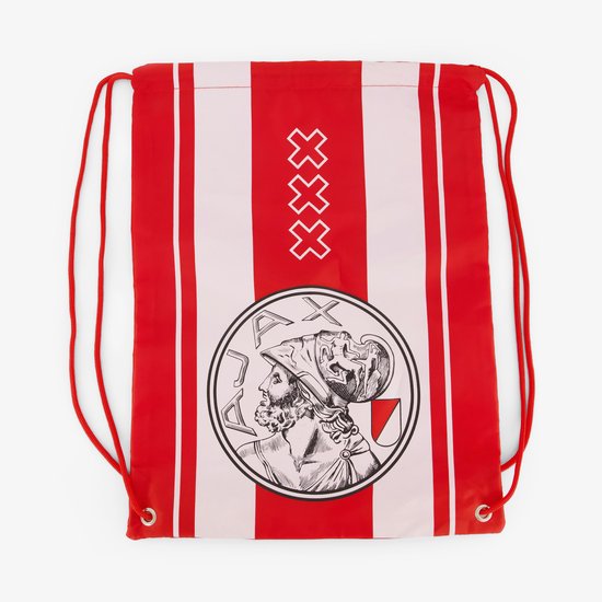 Rugzak met verticale rode en witte banen en het Ajax-logo met de drie Andreaskruizen erboven.