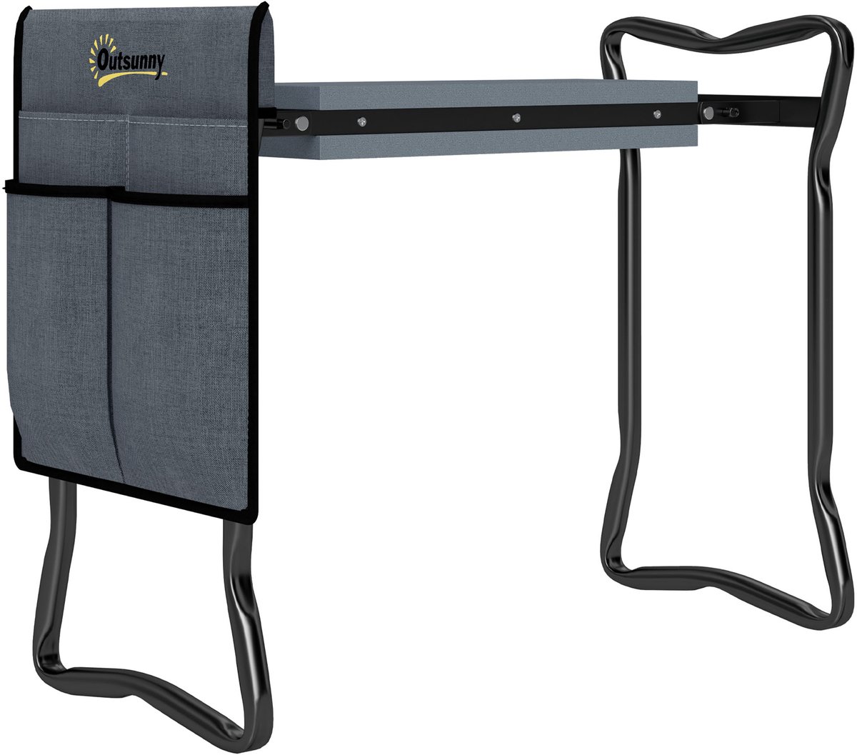 58 x 28 x 49 cm Tuinkniebank, Opvouwbare Tuinhocker, Kniekruk voor Tuinieren, Tuinbankje met Kniekussen, Tuinwerkbank, Tuinaccessoire met Gereedschapstas, Zitbank voor Tuinwerk, Knielhulp, Tuinmeubel, Grijs