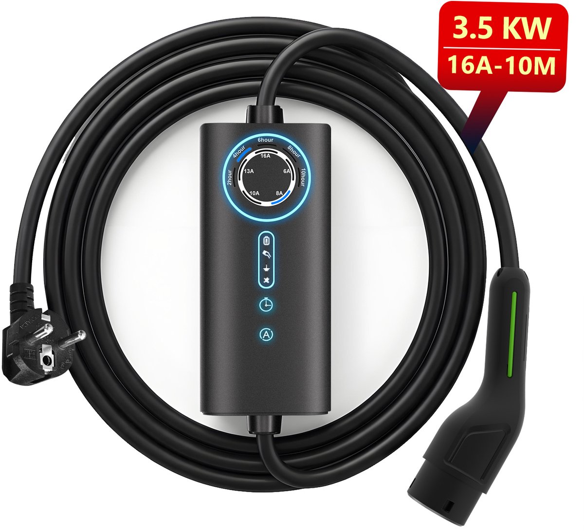 Cestovet Mobiele thuislader Type 2 - 3.5KW 10 Meter - IP65 Waterdicht - opladen vanaf stopcontact EU - 6A/16A - 1 Fase - laden uitstellen functie - Inclusief draagtas