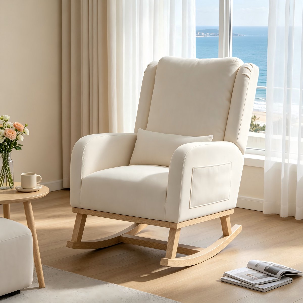 Schommelstoel-Relaxstoel babykamer-Armstoel-Modern Voedingsstoel - beige linnen stof - voor woonkamer en slaapkamer