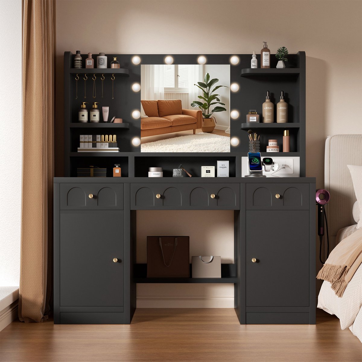Lexzurn Kaptafel - make up tafel met spiegel - 3 soorten LED-verlichting - Met kettinghaken - met haak voor föhn - met stopcontact en USB-poorten - 140x107x40 cm - geschikt voor slaapkamers en kleedkamers - zwart