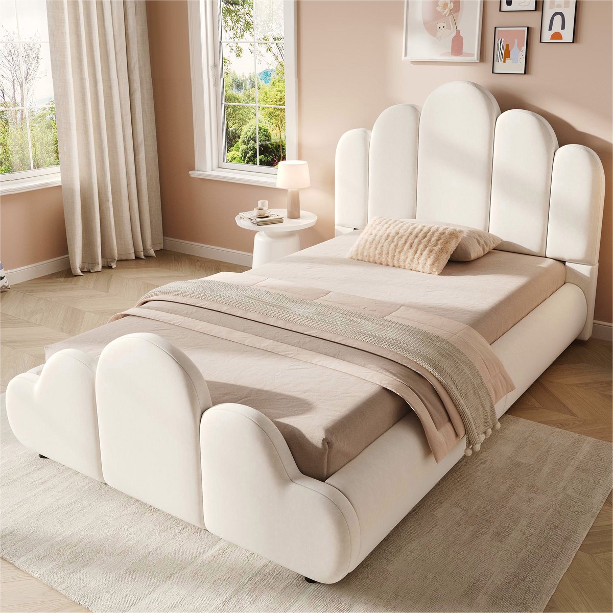 VVBV Kinderbed 90x200 cm - Afgeronde Hoeken, Gestoffeerd Hoofdbord, Met Lattenbodem - Beige, Fluweel