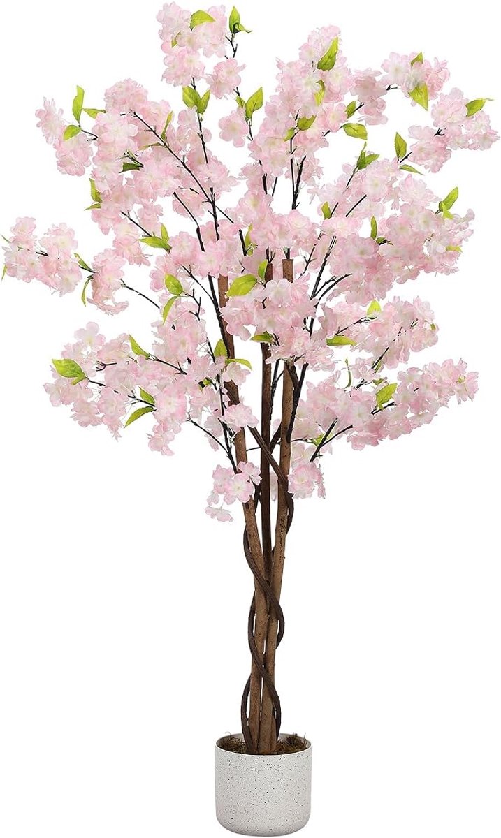 HOERFURIY Kunst kersenbloesemboom - 120 cm - zachtroze zijden bloemen - stabiele pot - decoratie woonkamer kantoor bruiloft feest