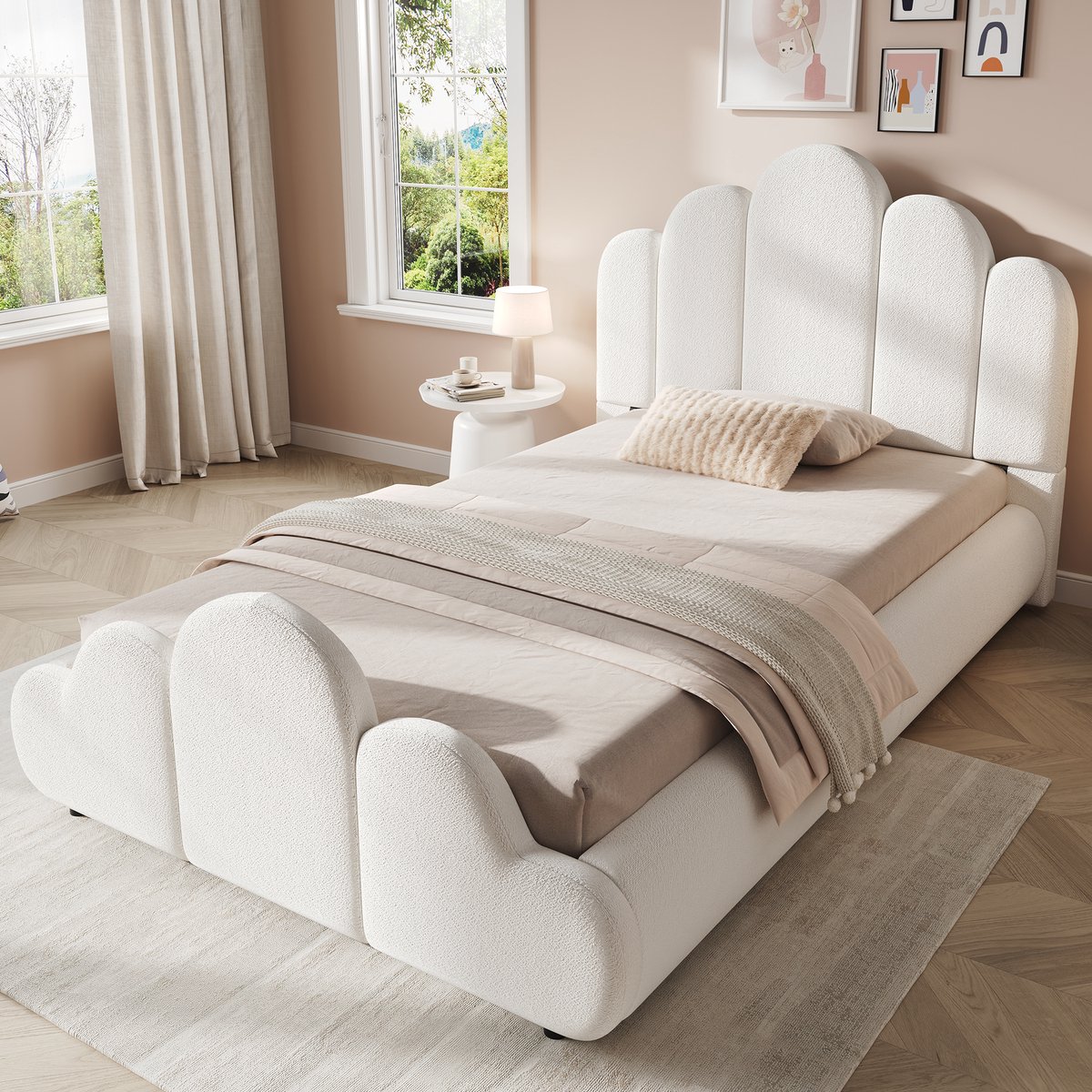 VVBV Kinderbed 90x200 cm - Afgeronde Hoeken, Gestoffeerd Hoofdbord, Met Lattenbodem - Beige, Bouclé