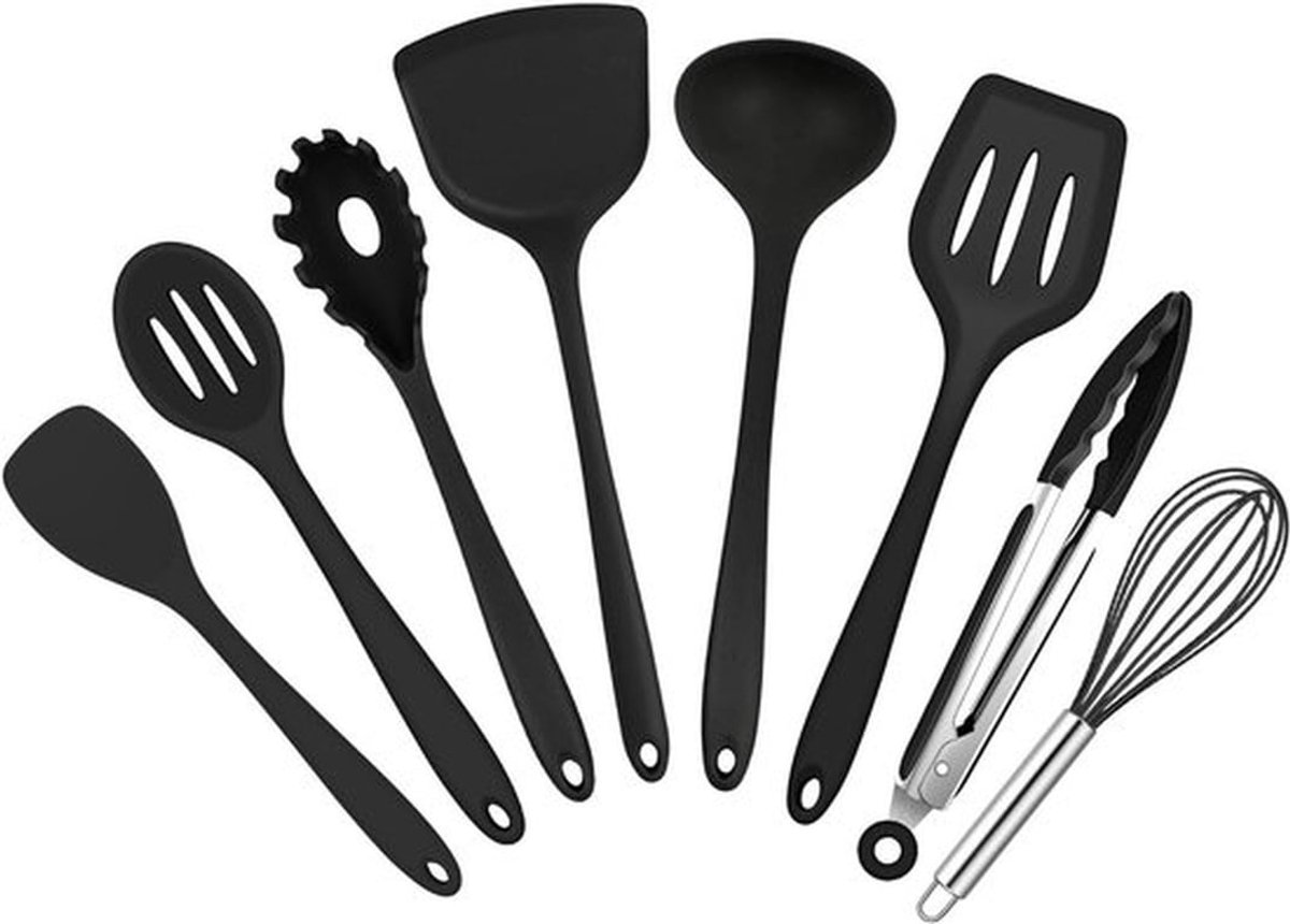 Keukenhulpmiddelen set van 8 stuks in zwart - Ideaal voor koken, bakken en bereiden van maaltijden