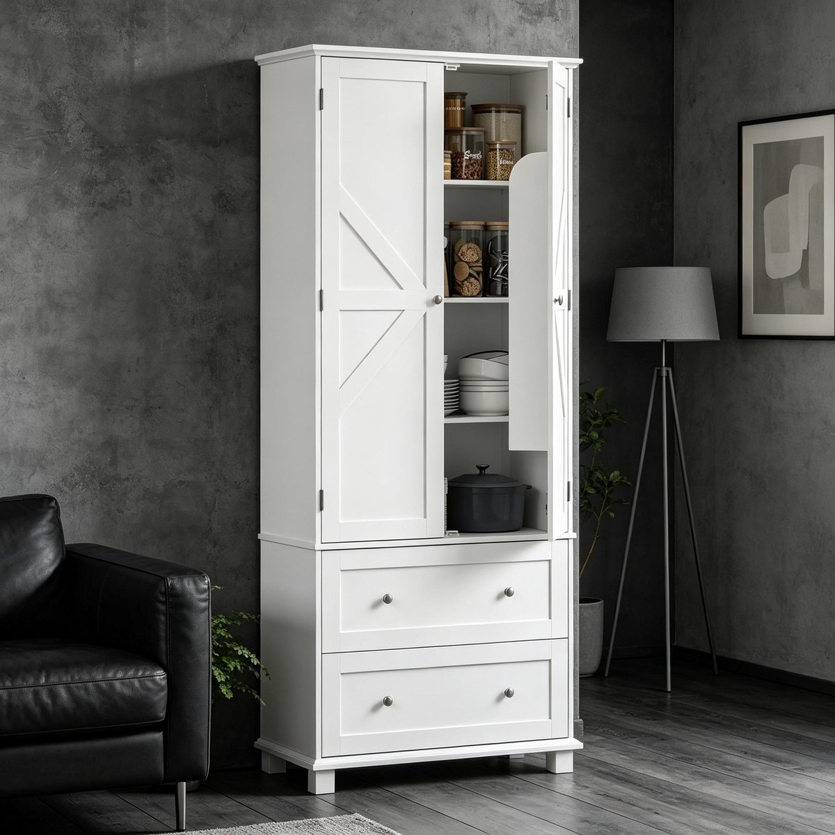 MIVRAY Keukenkast Hoge Buffetkast Met 2 Deuren 2 Lades En Verstelbare Planken Voor Keuken En Eetkamer MDF Wit 80x39,5x184,5 Cm