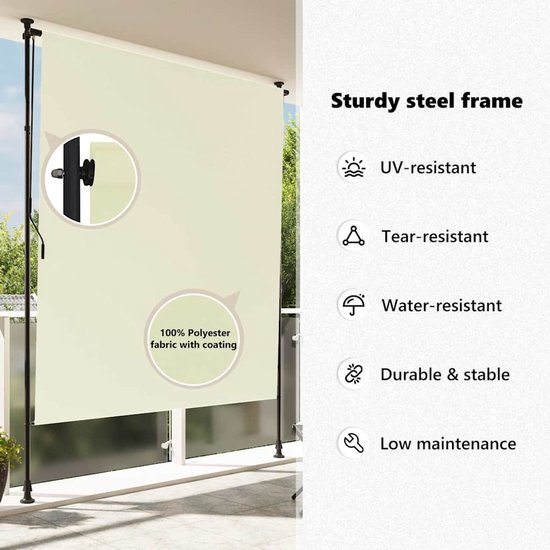 Store à enrouleur crème sur cadre noir avec texte : 'Sturdy steel frame', 'UV-resistant', 'Tear-resistant', 'Water-resistant', 'Durable & stable', 'Low maintenance'.