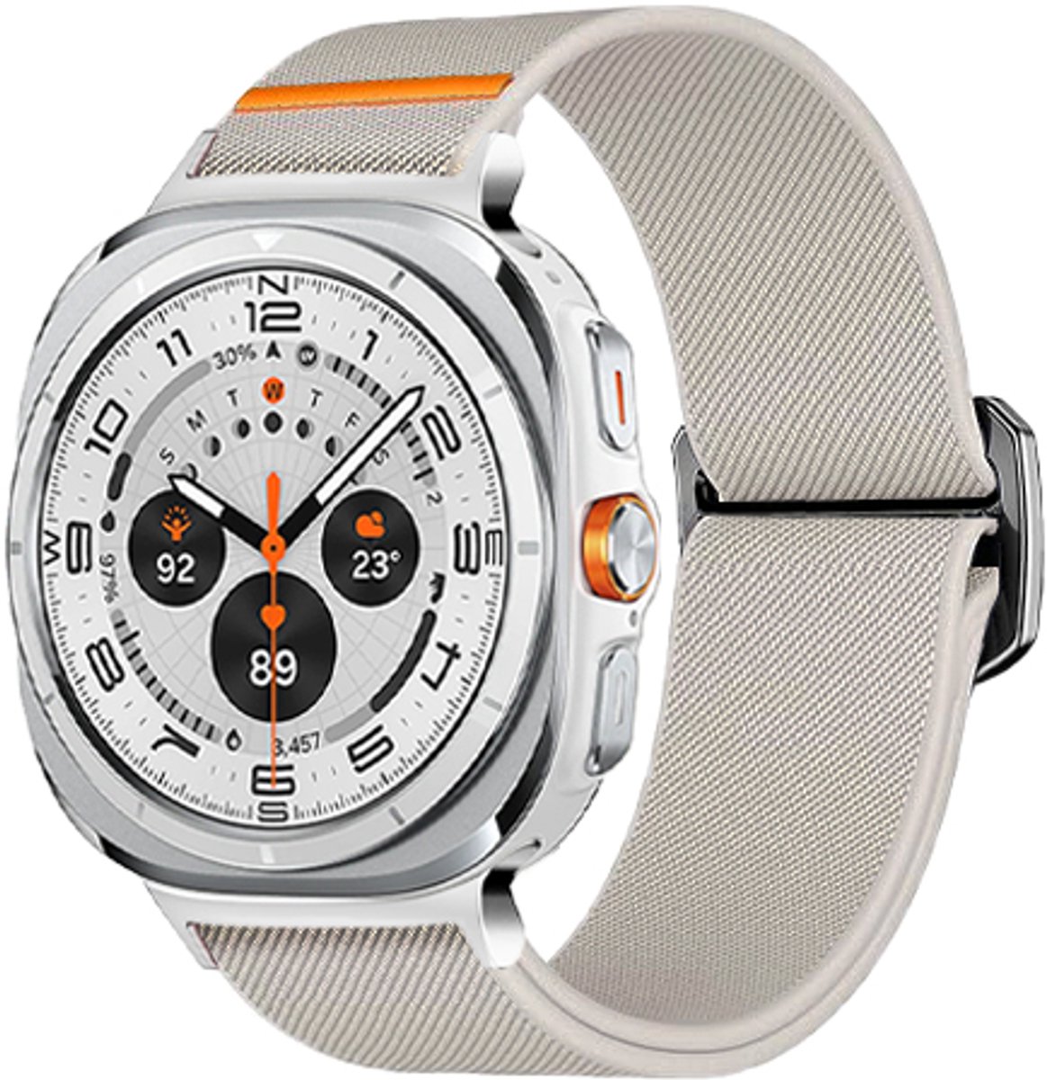 Stravo Elastisch Nylon Sport Bandje – Geschikt voor Samsung Galaxy Watch Ultra 2 47mm (2026) / Ultra 47mm (2024/2025) – Verstelbaar Sport Horlogebandje met Schuifsluiting – Starlight