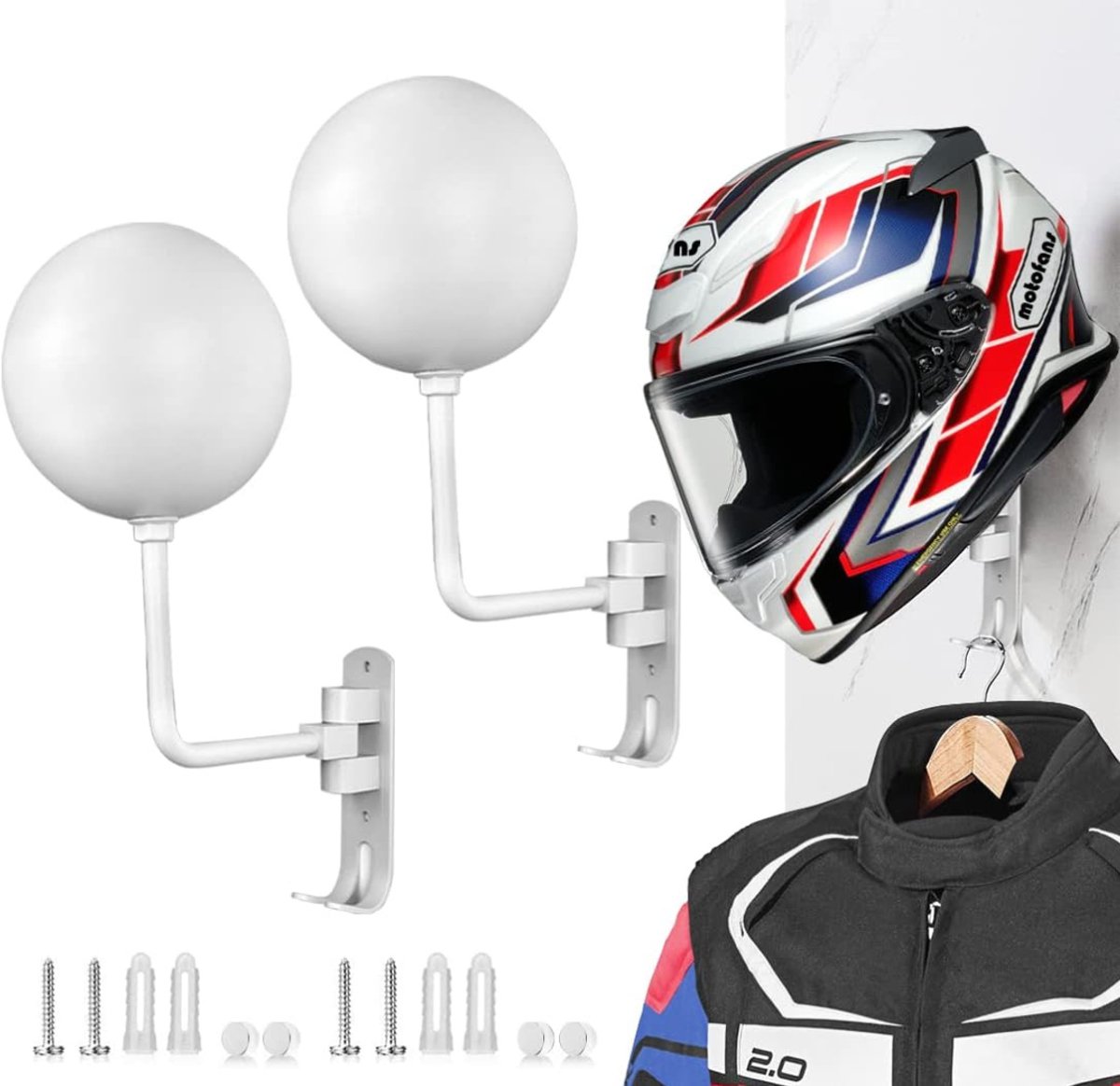 QUOVO® Helmhouder - Helm Houder - Helm Kapstok – 2 Pack - Helm Standaard - Motorhelm Steun – Wandsteun Ophangsysteem – Draaibare Houder - Wit - 12cm x 7cm x 5cm