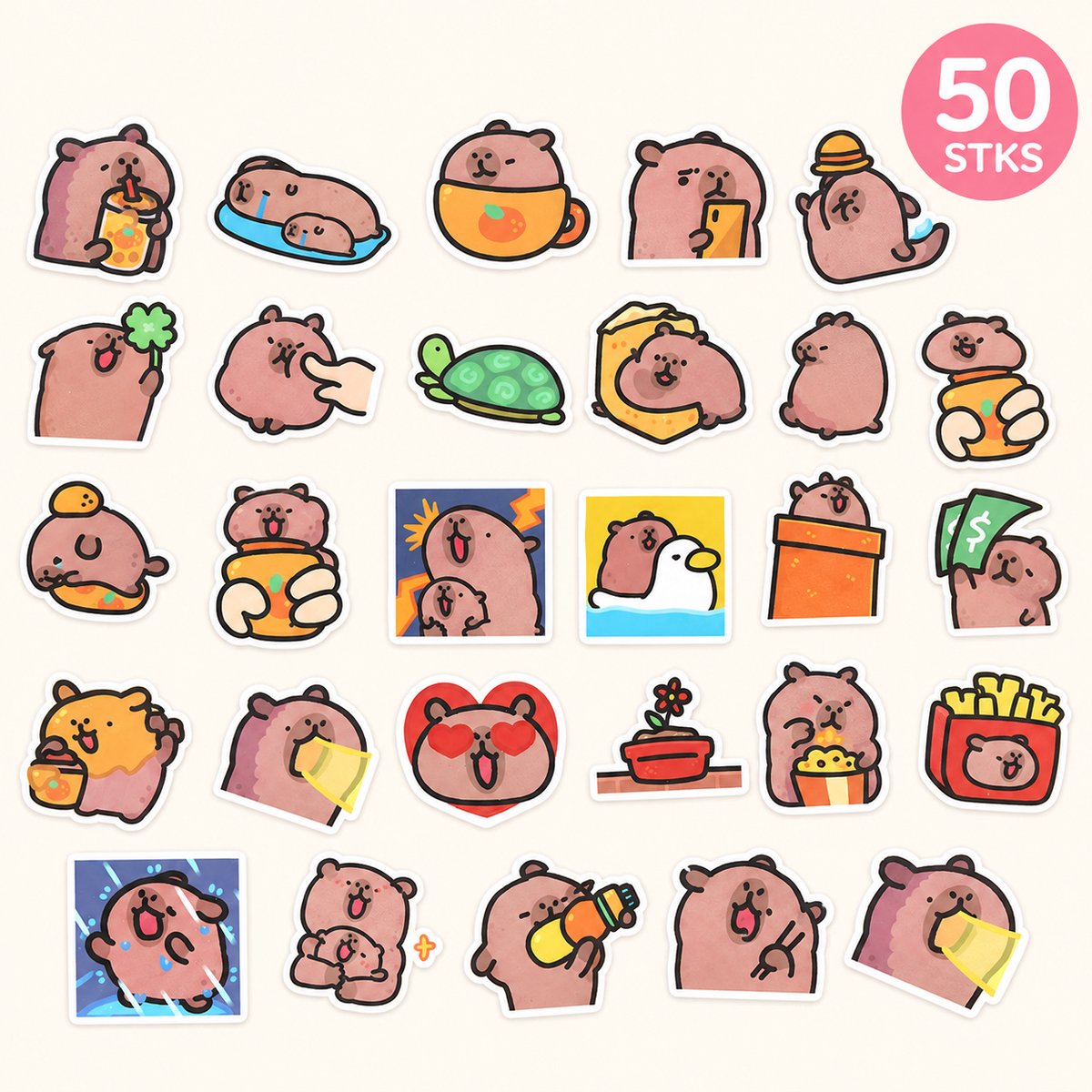Capybara Stickers - 50 Stuks Grappige Capibara Vinyl Stickers - Waterproof - voor Laptop, Telefoon, Koffer en Notebook