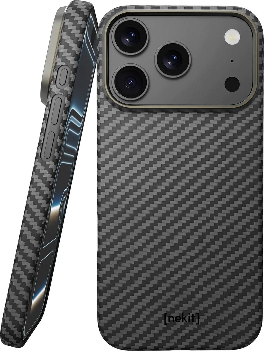 NEKIT Fiber Hoesje Geschikt voor Apple iPhone 18 Pro - Compatibel met MagSafe en Qi2 - High-Tech Kevlar - Back Cover Ultra Dun - Grijs/Zwart