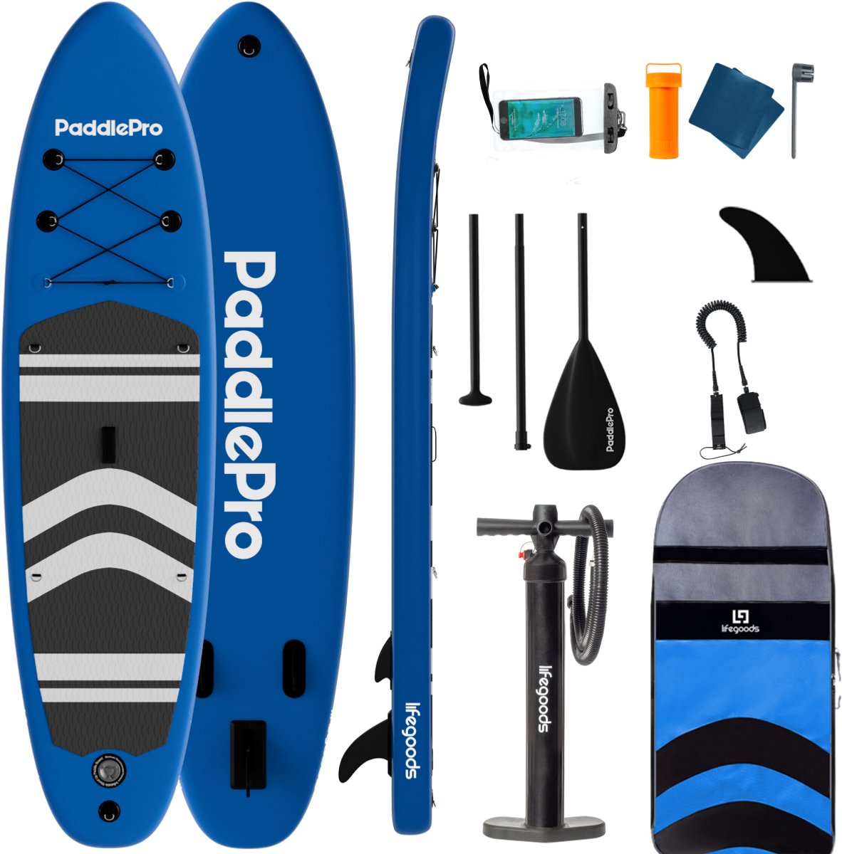 Bol.com LifeGoods PaddlePro SUP Board - Opblaasbaar Paddle Board - Complete Set - Max. 150KG - 320x81cm - Blauw aanbieding