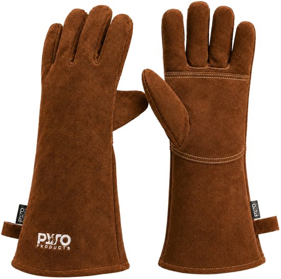 Gants BBQ PyroProducts en cuir marron avec coutures blanches et logo.