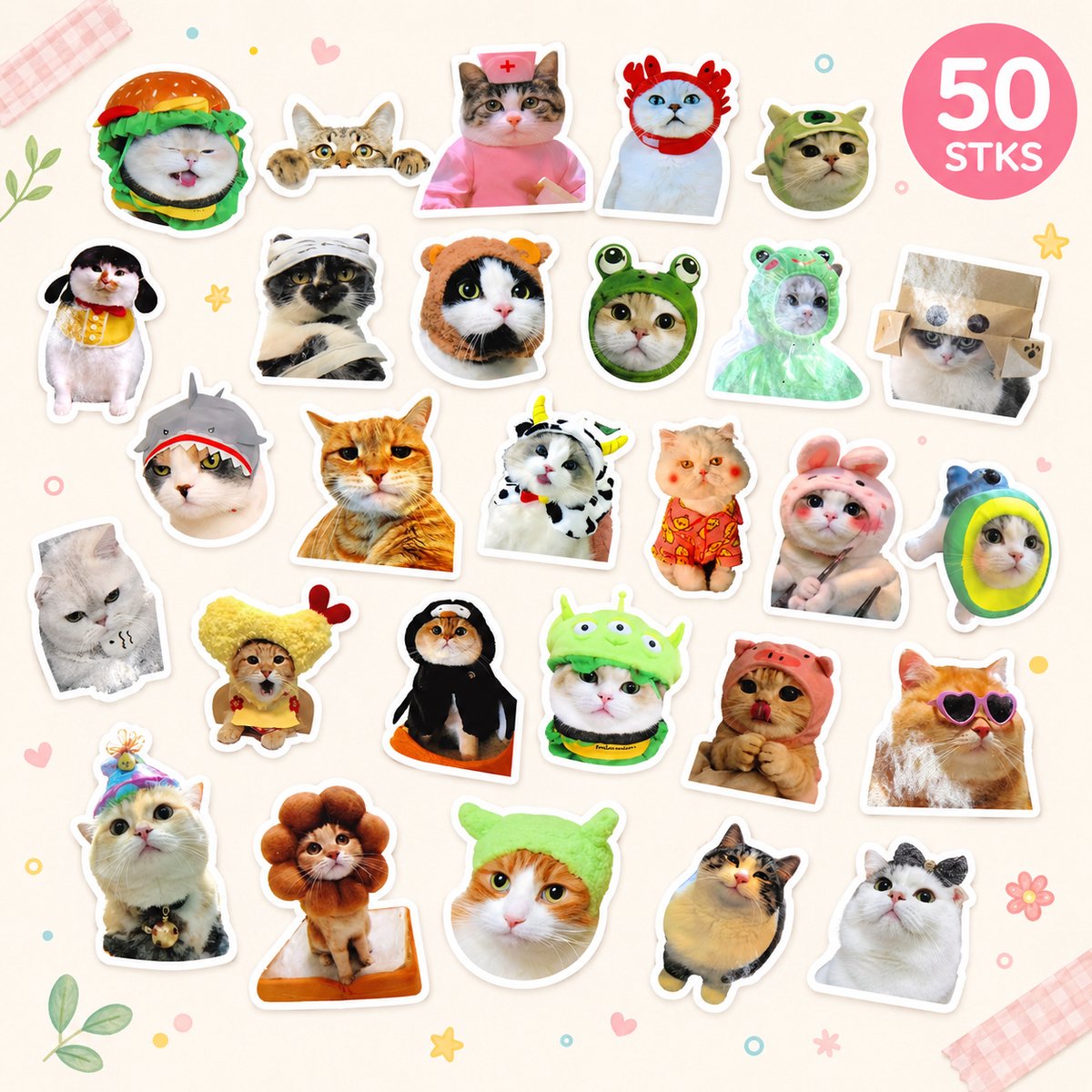 Kat Stickers - 50 Stuks Grappige Katten Vinyl Stickers - Waterproof - voor Laptop, Telefoon, Koffer en Notebook