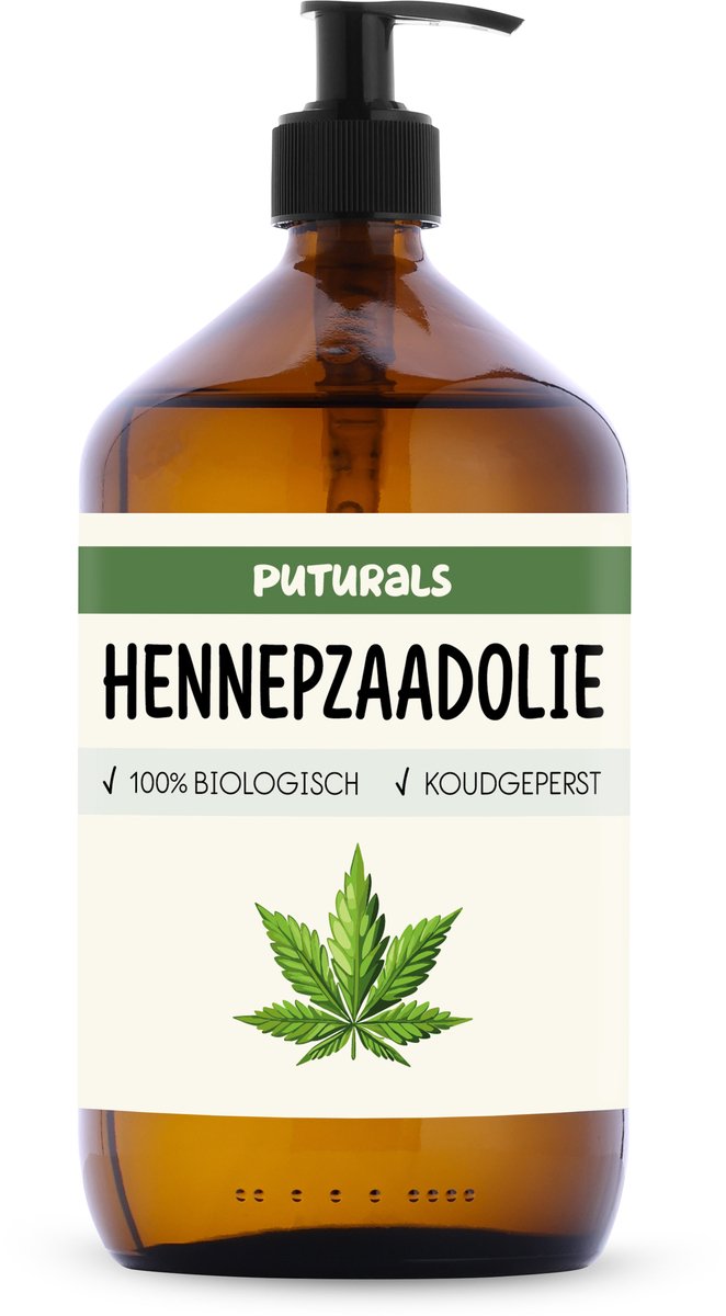 Puturals Hennepzaadolie 100% Biologisch - 1000ml - Koudgeperst en Puur - Hennepzaadolie voor Huid, Haar, Gezicht en Lichaam - Geschikt voor Honden - Bruine Glazen Fles + Pomp