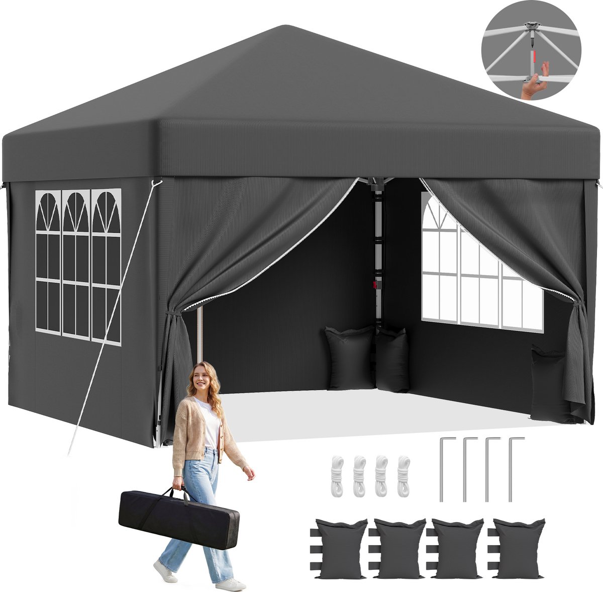 Devoko partytent–Opvouwbaar tuinpaviljoen 3x3–pop-up tuinpaviljoen in 20 sec–Waterdicht & UV-bestendig–met opbergtas–4 zijwanden–Grijs