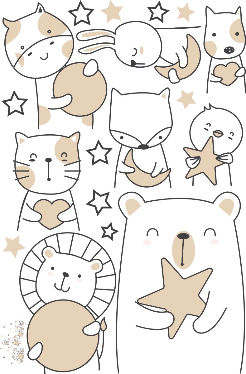 Ambiance Sticker Muurstickers - Dieren die vissen tussen de maan en de sterren - Zelfklevende stickers - 135x90cm Multi color