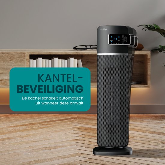 Zwarte AirKing staande kachel met display op houten vloer, naast een kast.