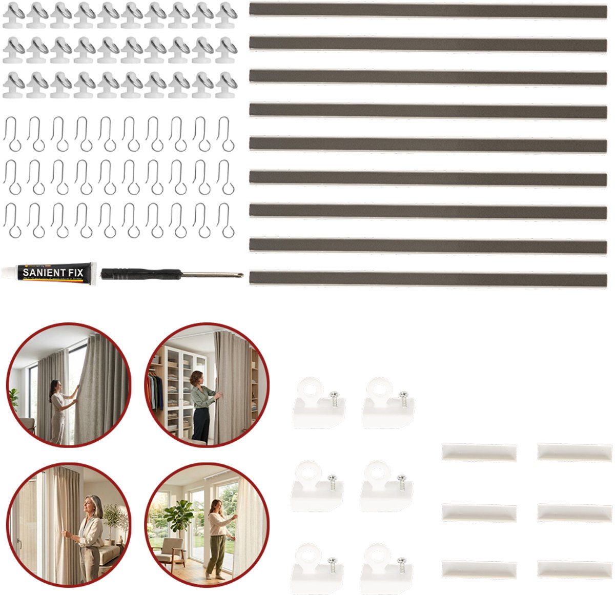 Gordijnrails Van 33 cm Van PVC Met Rollers En Haken - Zelfklevend Geen Boren Nodig Lichtgewicht - Ruimteverdeler Voor Badkamer, Keuken En Kledingkast - Wit