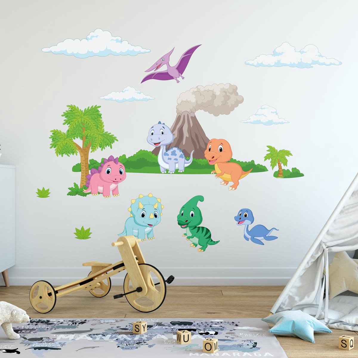 Ambiance Sticker Muurstickers - Dinosaurussen en de vulkaan - Zelfklevende stickers - 150x100cm Multi color
