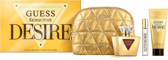 Gouden giftset met GUESS Seductive Desire parfumfles, bodylotion, travel size spray en make-uptasje.