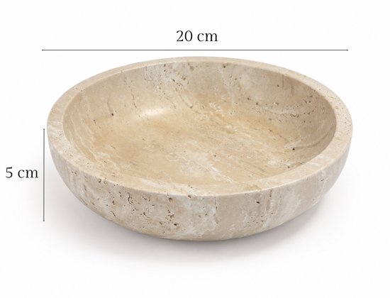 Beige travertin schaal, 20 cm breed en 5 cm hoog.