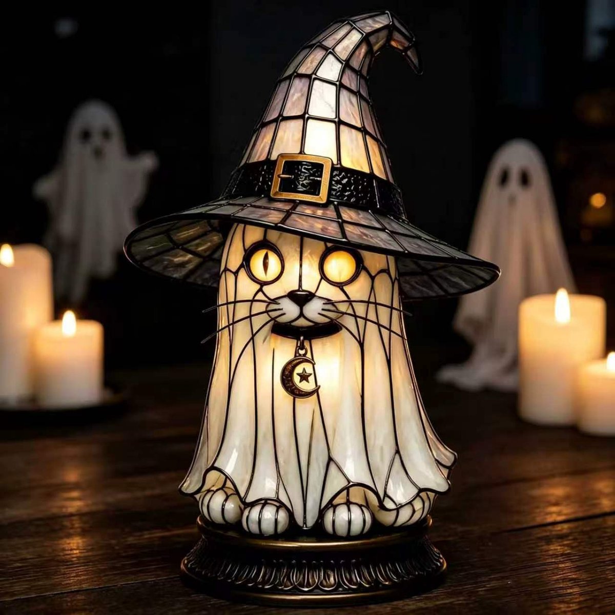 Casalora® Halloween Heksenhoed Lamp – Gotische Hars Decoratie met LED Licht – Magische Nachtlamp voor Tafel, Woonkamer & Feestdecoratie – Witte Hoed - Spook