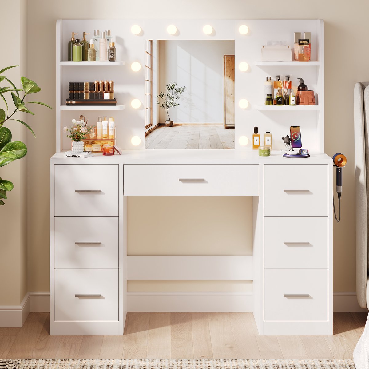 Devoko kaptafel met EU-stopcontact, USB en USB-C - föhnhouder, 12 dimbare LED-lampen en dubbele lades - 108 x 40 x 137 cm - Wit