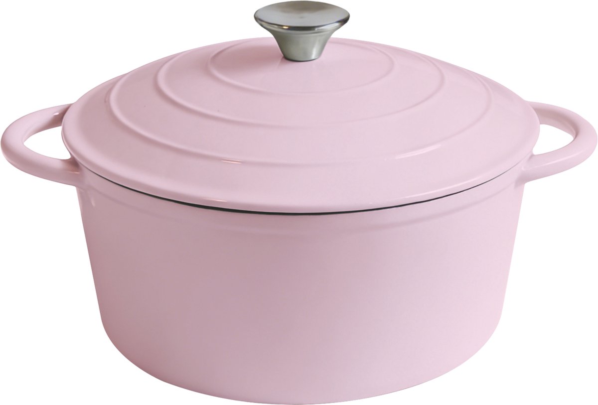 Royal Swiss® Gietijzeren Braadpan 22 cm – Inductie Braadpan – Geëmailleerde Gietijzeren Stoofpan – Ovenbestendig – Met Deksel – Roze