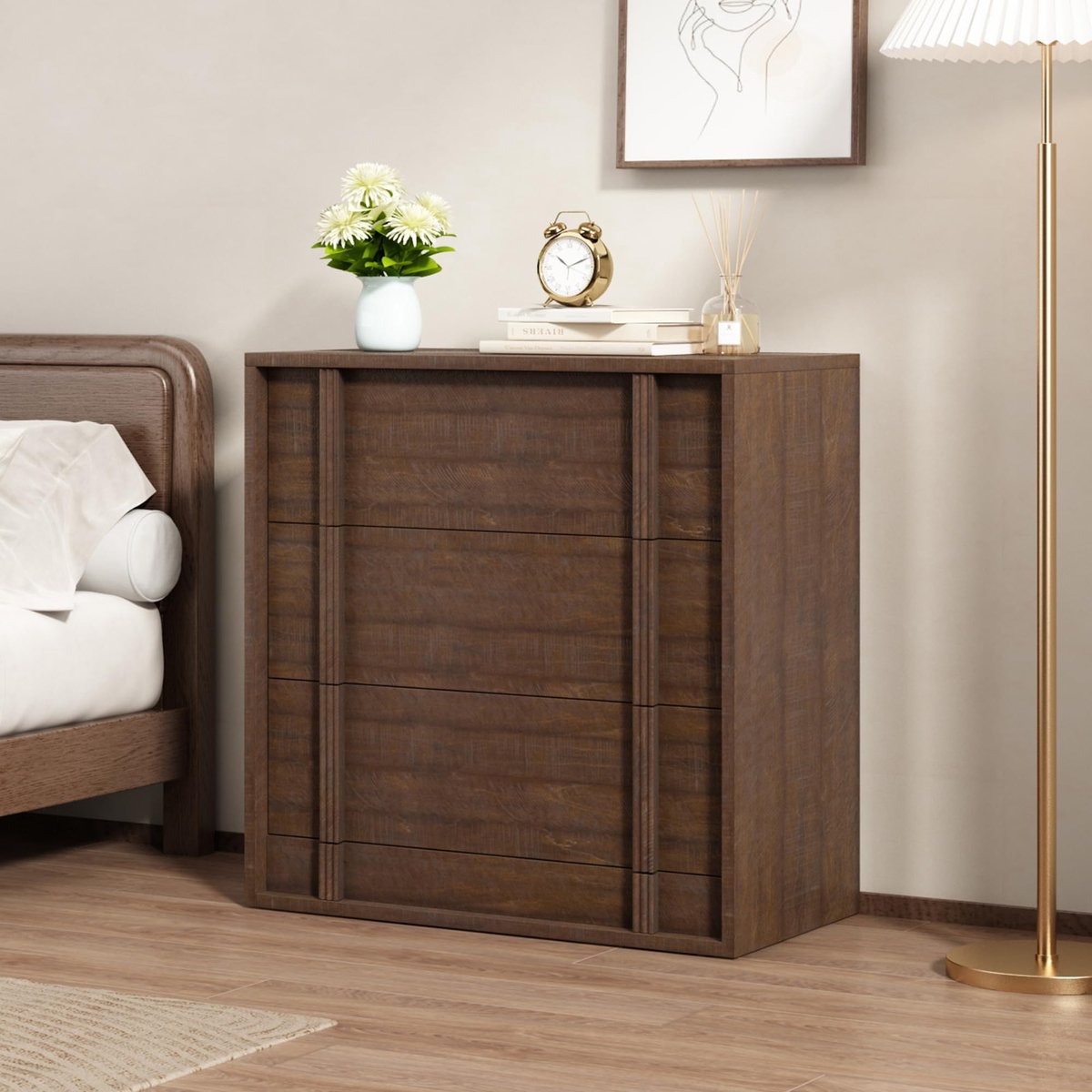 Triumpunpre Nachtkastje met 3 Laden, Houten Ladekast met Verticale Greep, Opbergkast voor Slaapkamer en Woonkamer, Roodbruin, 76 x 40 x 76 cm