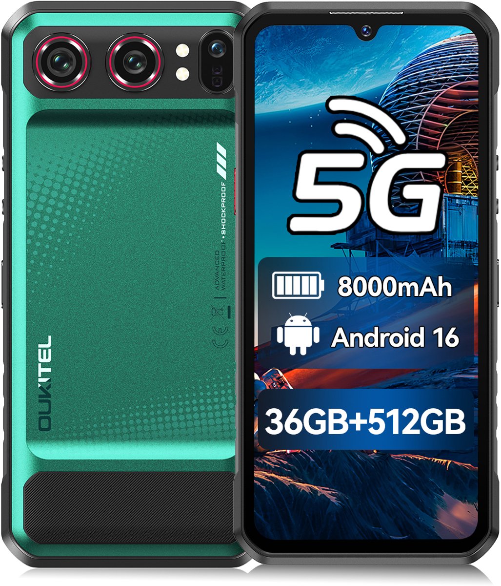 OUKITEL WP68 Air Rugged Smartphone 5G - 6,88" 120Hz - 36GB RAM - 512GB ROM - 8000 mAh 45W - Gemini AI - Android 16 - NFC GPS - Groen