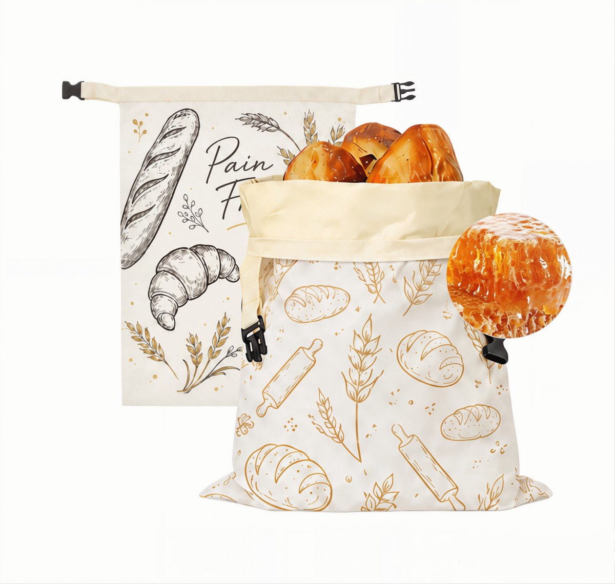 Namajunas - Bijenwas broodzak - 2 stucks 43x33cm - Vetafstotend en makkelijk schoon te maken - Voorzien van een klikgesp - Herbruikbaar - Met afneembare binnenzak - Geschikt voor keukenbladen, uitstalling in bakkerijen en opbergdoeleinden voor brood