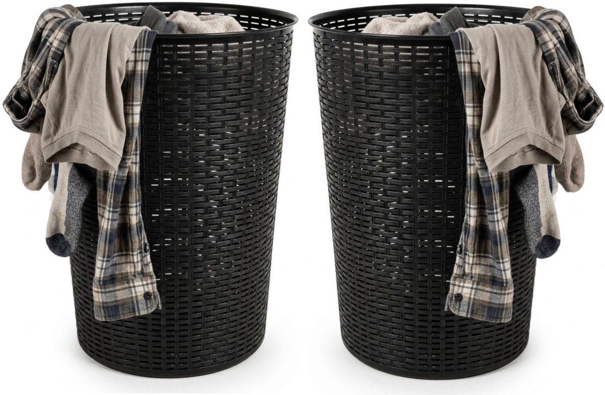 Plasticforte Ronde wasmand Rotan - 2x - zwart - gevlochten kunststof - 51 liter - 38 x 57 cm - opbergmanden