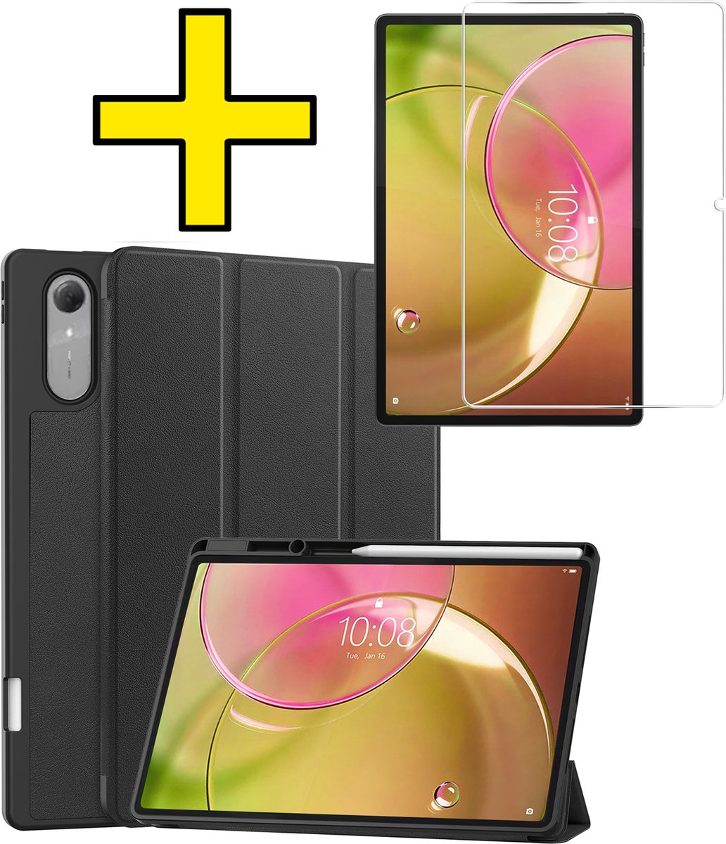 Hoes - Geschikt voor Lenovo Idea Tab Pro Gen 2 - Met Screenprotector - Trifold Bookcase - Hard Cover Case - Met Uitsparing Geschikt voor Lenovo Pen - Hardcover Book - Tablet Hoesje - Zwart