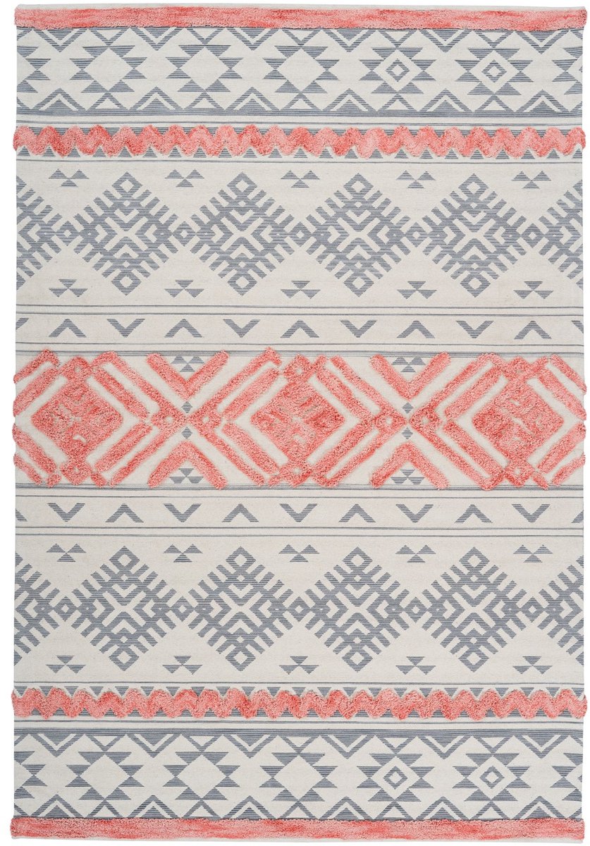 Padiro laagpolig vloerkleed 120 x 170 cm - grijs / abrikoos - boho geometrisch patroon - geschikt voor vloerverwarming - van katoen en polyester