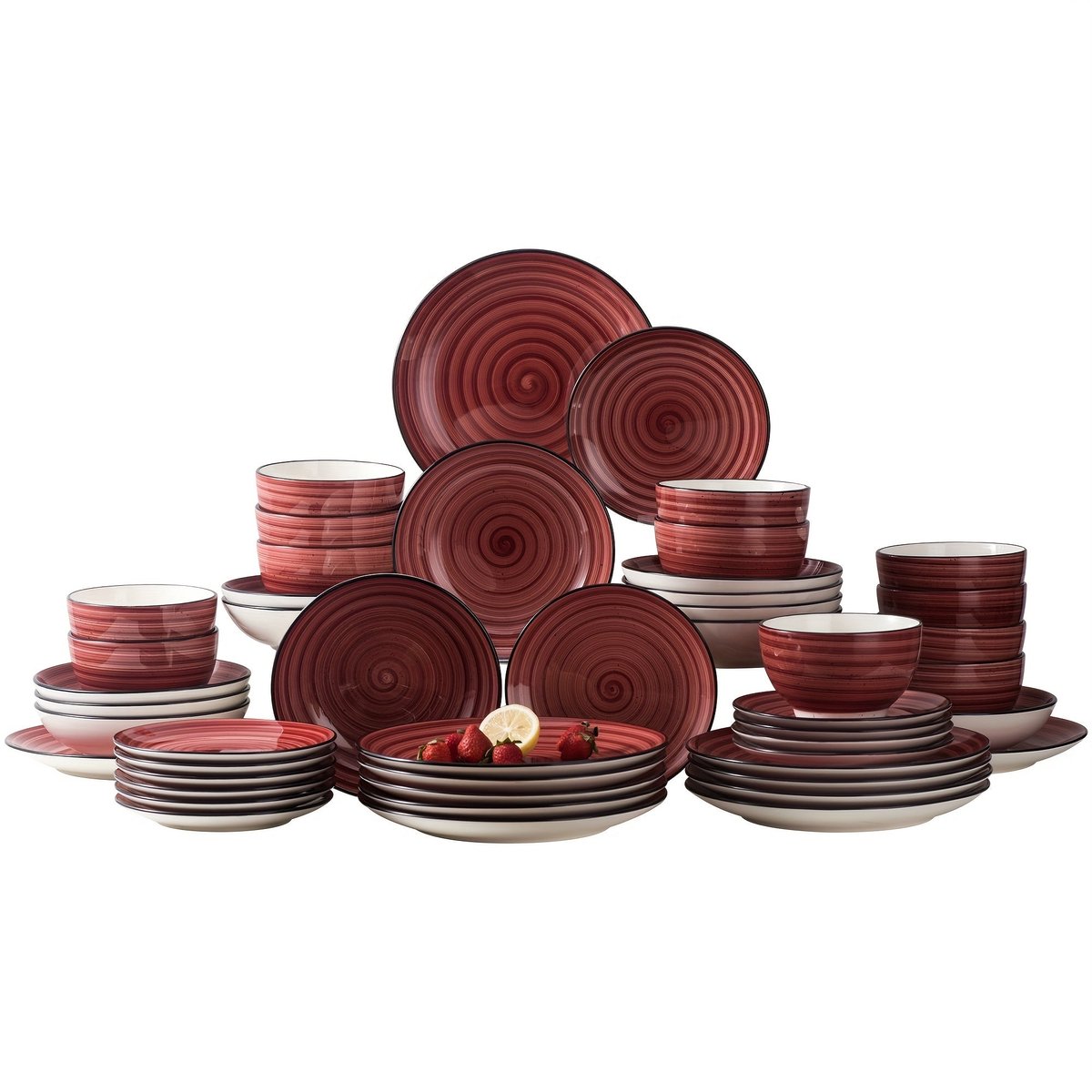 Home & Beyond® Serviesset 12 Personen - 48-delige Dinnerset - Borden Dessertborden Soepborden en Kommen - Rond Servies - Rood